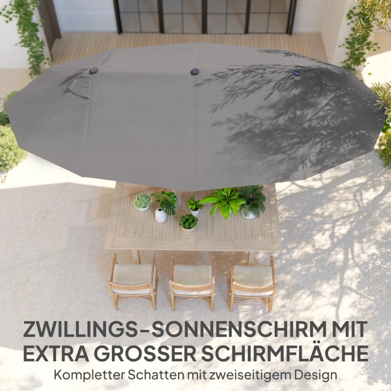 Outsunny Doppelsonnenschirm 455 x 265 cm, UV Schutz Sonnenschirm mit Handkurbel, Balkonschirm windfest Kurbelschirm Sonnenschutz für Balkon Garten, Grau