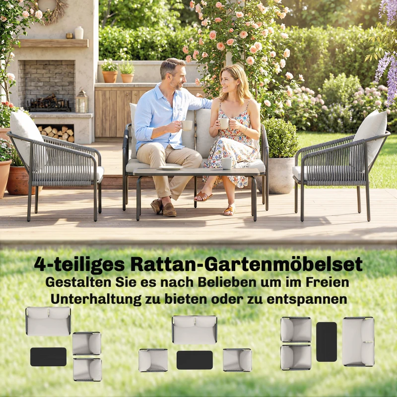 Outsunny Gartenmöbel Set 4-teilig Polyrattan Lounge-Set mit Zweisitzer 2 Sessel Couchtisch abnehmbar Kissen Bindebändern