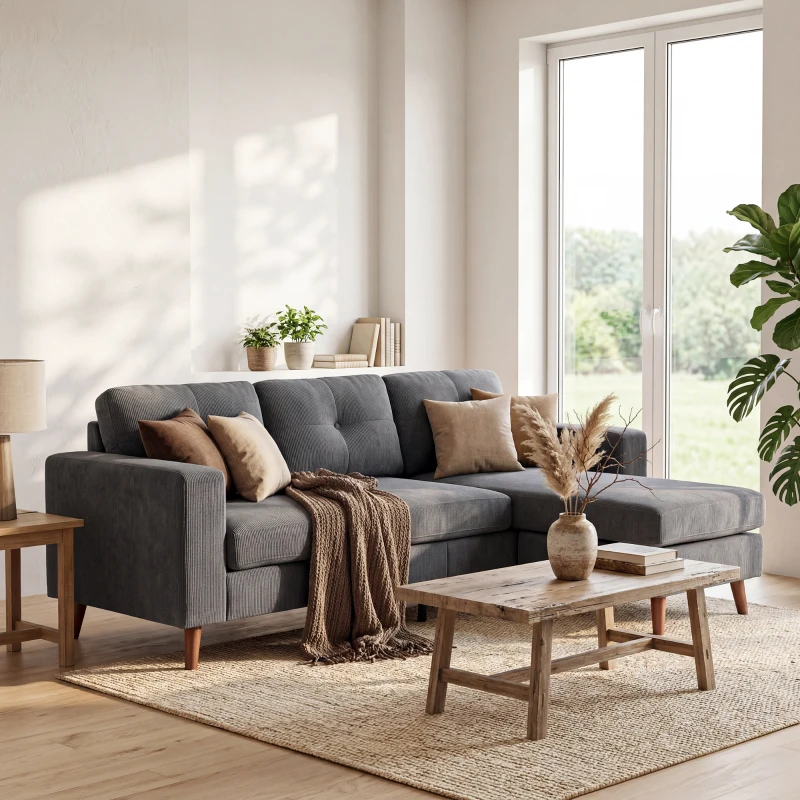 HOMCOM Canapé d'angle 192 cm en L 3 places avec chaise longue réversible, aspect velours côtelé, pour petits espaces, gris foncé