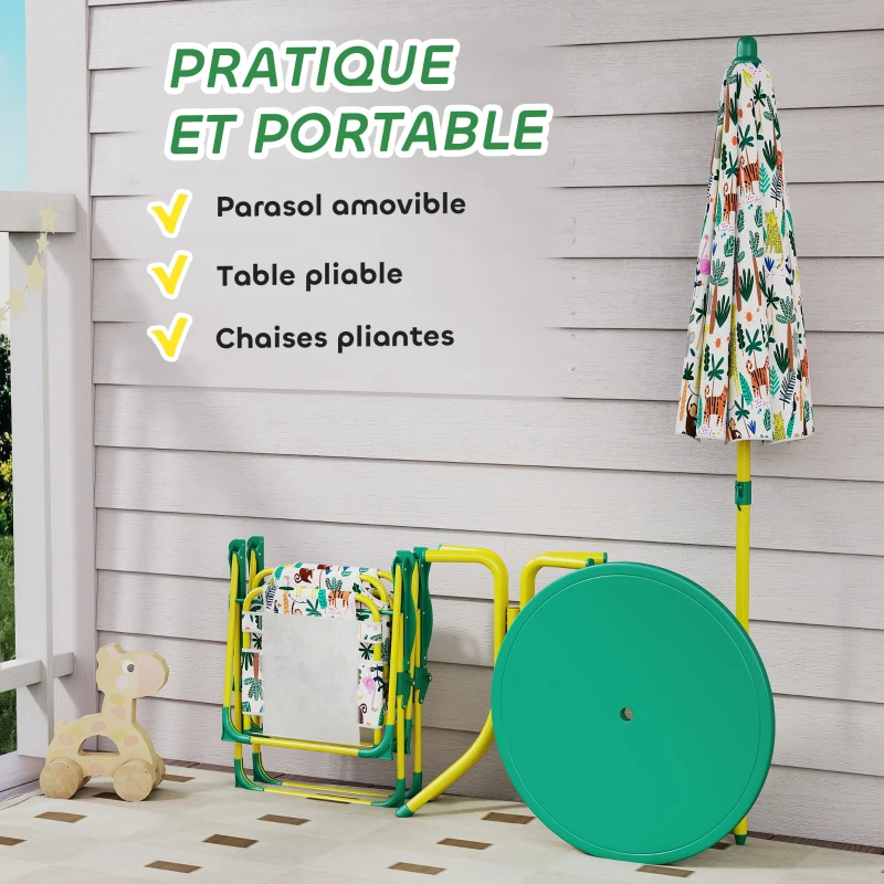 AIYAPLAY Ensemble Salon de Jardin Extérieur Enfant avec 2 Chaises Pliantes et Parasol, Thème Jungle, pour Jardin, Terrasse, Vert