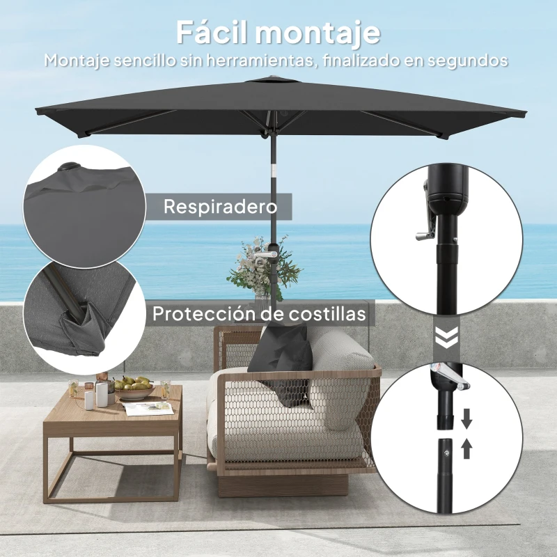 Outsunny Sombrilla de Aluminio 198x294x255 Parasol Rectangular de Jardín Inclinable con Manivela y Poste Desmontable Gris