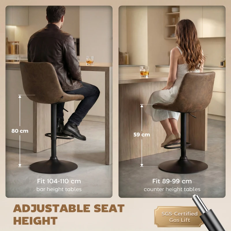 HOMCOM Breakfast Bar Stools Set of 2, 59-80cm Sitting Hight Leather Upholstered Bar Chairs - Brown