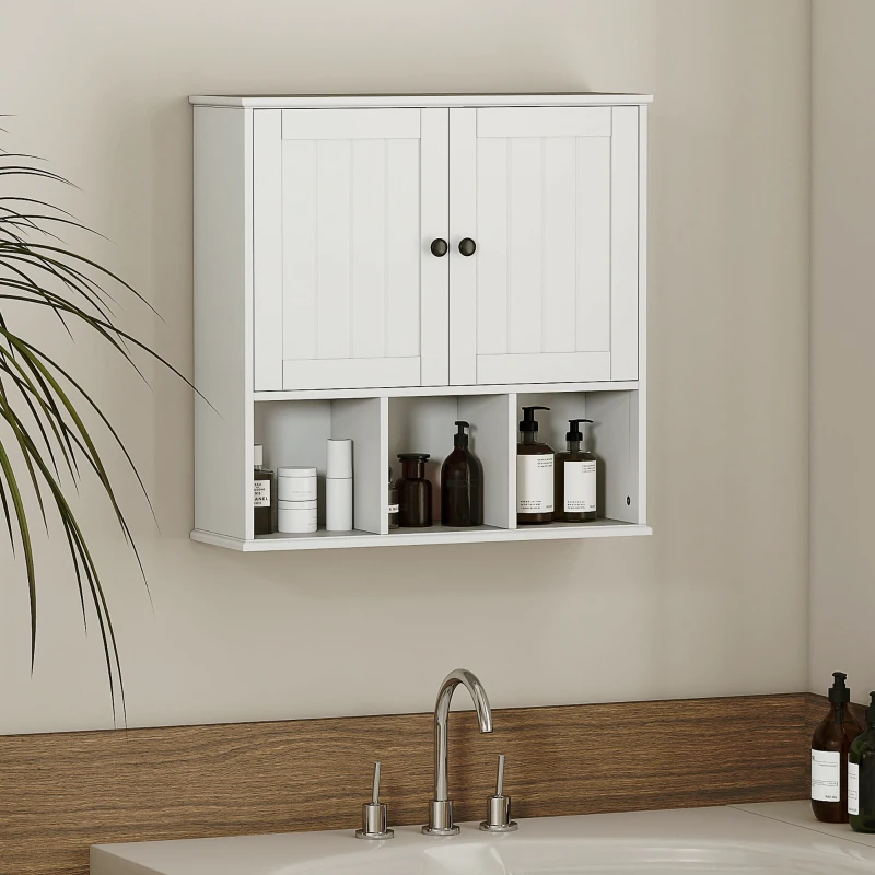 HOMCOM Armadio da Parete per Bagno, Mobile Contenitore con 2 Ante, Ripiano Regolabile e Scomparti Aperti, Bianco