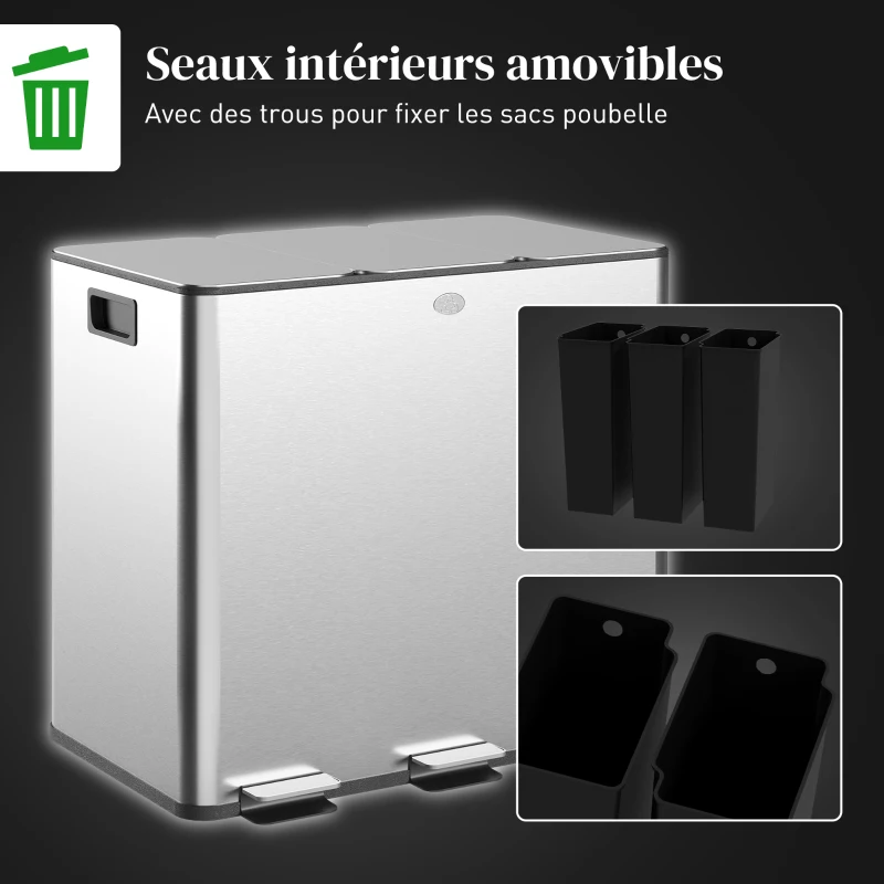 HOMCOM Poubelle de cuisine, poubelle tri sélectif, 3 compartiments de 15L, seaux intérieurs amovibles, 61,9x36,6x43,2cm, argent