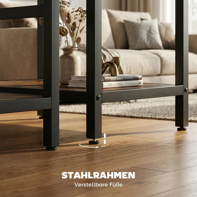 HOMCOM Couchtisch-Set, 2-teilig, rechteckiger und runder Tisch mit 2-stufigem Stauraum, für Wohnzimmer, Rustikal-Braun