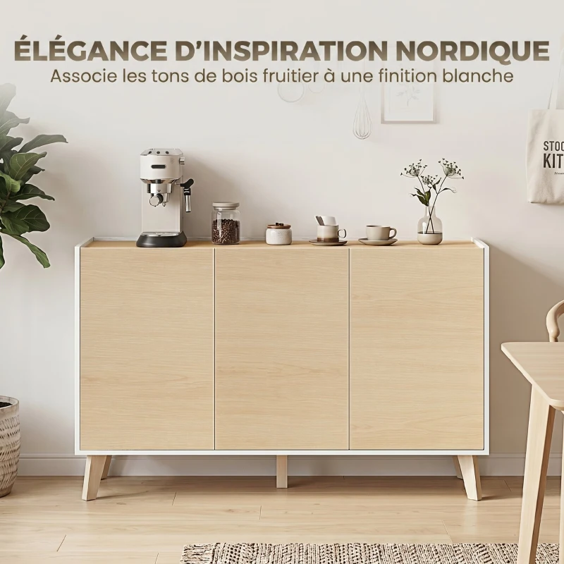HOMCOM Buffet cuisine, meuble de rangement nordique, 3 portes à fermeture douce, 6 compartiments, bois naturel et blanc
