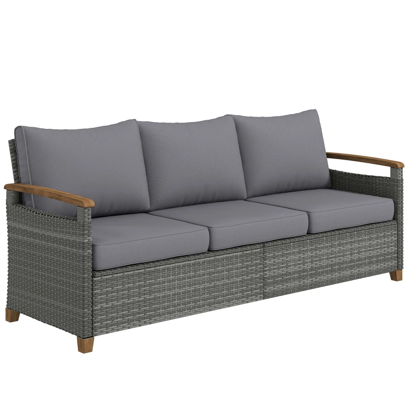 Outsunny 3 Seater Rattan Garden Sofa, PE Wicker Outdoor Sofa Wide Deep Seat, 4" Cushions, Wood-Effect Armrests Legs, Dark Grey