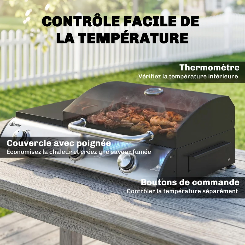 Outsunny Barbecue à Gaz de Table 3 Brûleurs Combiné Gril et Plancha avec Couvercle et Thermomètre 7,5 kW Portable Noir