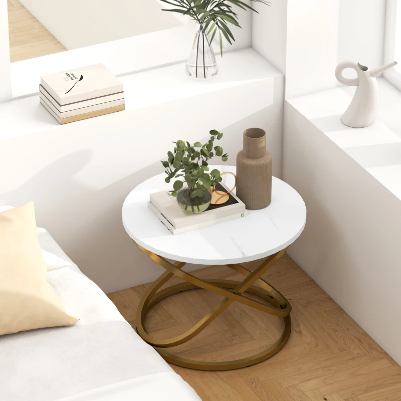 HOMCOM Table basse ronde style industriel en métal Doré et Plateau Effet Marbre - dim. Ø 60 x 46H cm