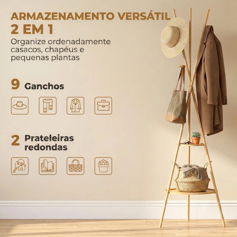 HOMCOM Cabide de Pé em Bambu Cabide para Roupas com 2 Prateleiras e 9 Ganchos Design Elegante 58,5x58,5x176 cm Madeira
