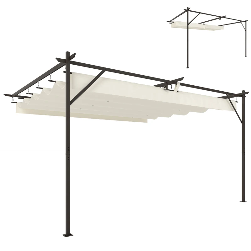 Outsunny Pérgola de Pared de Jardín 4x3 m con Techo Retráctil Protección UPF30+ Drenaje Cenador de Jardín para Exterior Crema