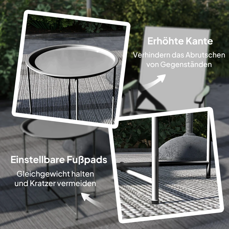 Outsunny Tuintafel, Ronde Buitenzijtafel van Staal met Afneembaar Dienblad, Opvouwbaar Ontwerp, Terrastafel, Zwart