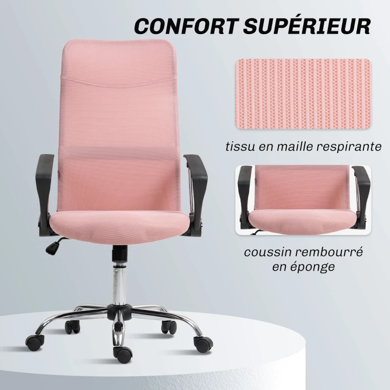 HOMCOM Fauteuil de bureau manager dossier ergonomique hauteur assise réglable pivotant tissu maille 63x65x119109-119cm rose
