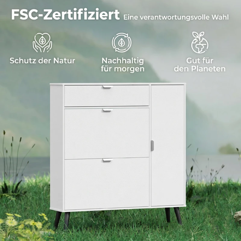 HOMCOM Schmaler Schuhschrank mit 2 Klappfächern, Schuhschrank mit Lychee-Leder-Türen und verstellbaren Regalböden, Weiß