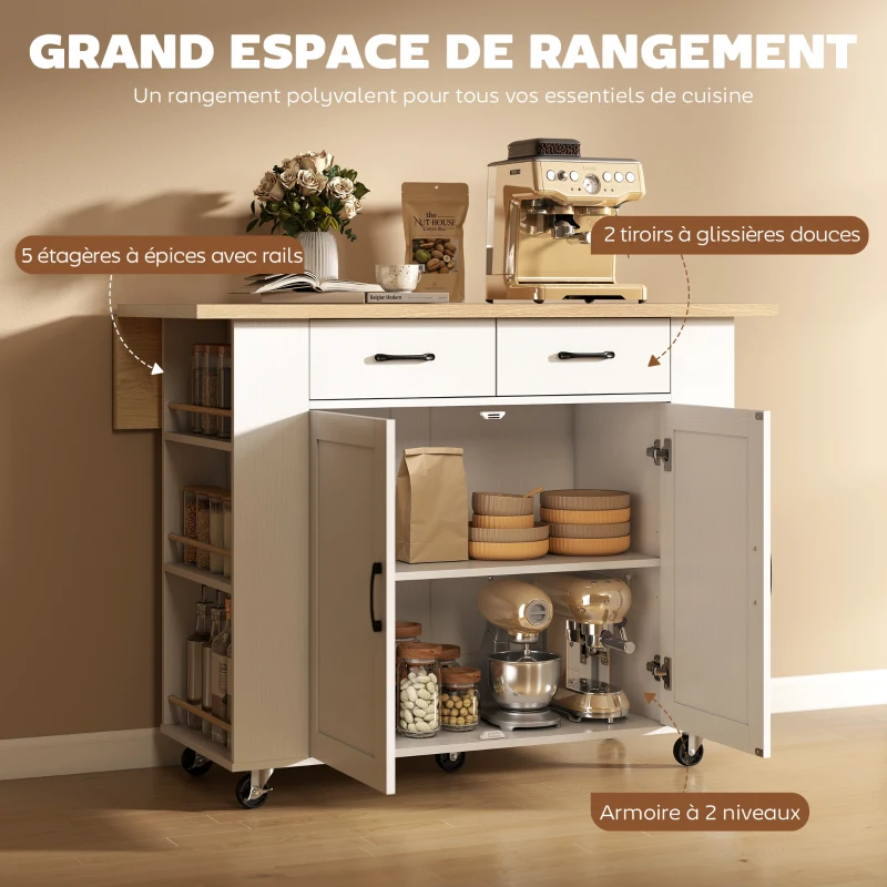 HOMCOM Îlot de Cuisine avec Station de Charge, Chariot de Cuisine à Roulettes avec Plan de Travail Rabattable, 2 Tiroirs, Blanc
