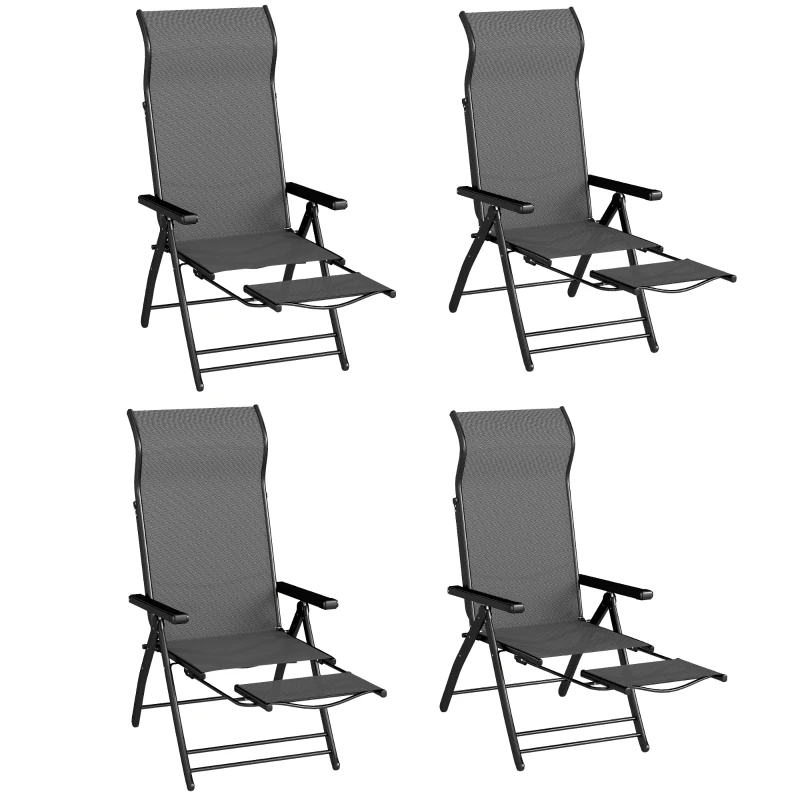 Outsunny Reclining Garden Chairs Set of 2, 5-Position Folding Sun Loungers with High Back, Retractable Footrest, Dark Grey