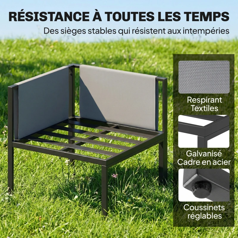 Outsunny Salon de Jardin Canapé d'Angle Extérieur 6 Pièces Coussins 10cm Table Haute et 2 Repose-pieds Gris