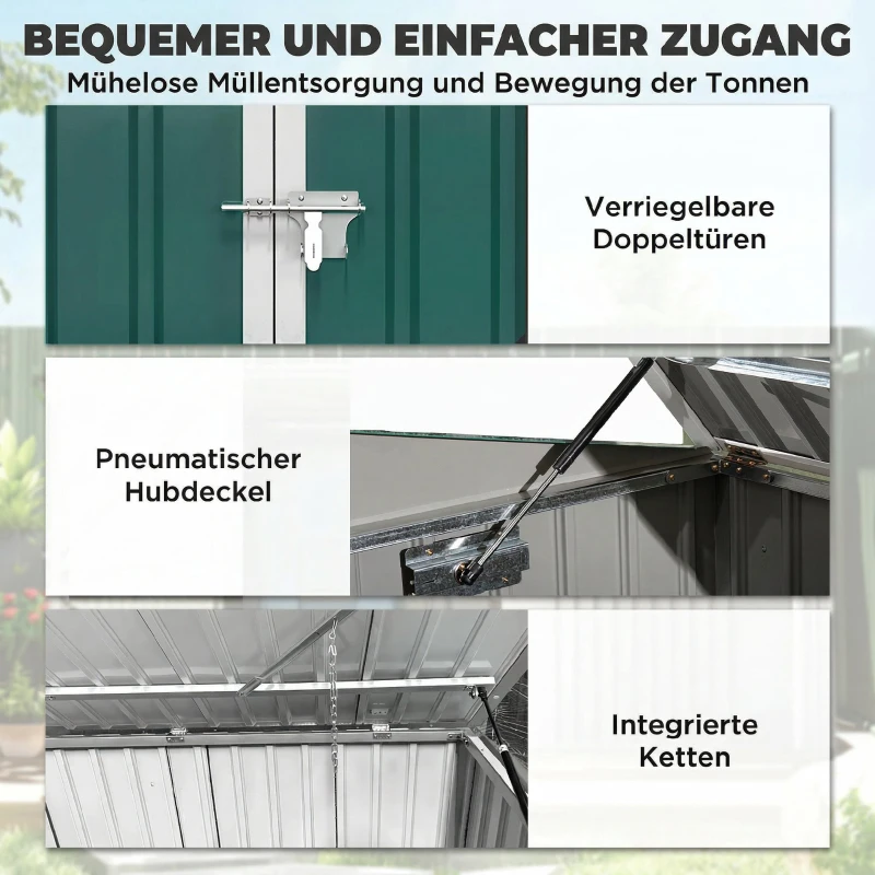 Outsunny Mülltonnenbox Müllbox abschließbar Gerätebox mit Doppeltür Deckel für 2 Mülltonnen Stahl 179,5 x 108 x 129,5/113 cm Grün