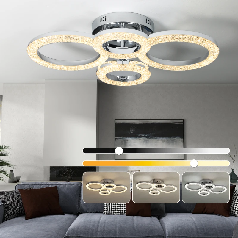 HOMCOM LED Ceiling Light, Modern Dimmable 4 Rings Ceiling Lamp with Wall Switch, 40W 4350lm Flush Mount Ceiling Light with 3500K/4500K/6000K Colour Temperatures for Living Room, Bedroom, Silver Tone