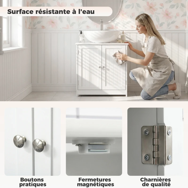 kleankin Meuble salle de bain sous lavabo - meuble sous-vasque - placard 2 portes avec étagère - dim. 60L x 30l x 60H cm - en bois blanc