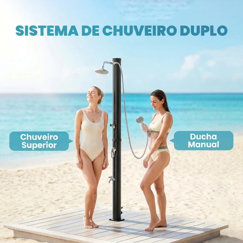 Outsunny Duche Solar Jardim 20L com Cabeça de Ducha de Mão Torneira para Pés e Temperatura Ajustável Máx. 60 °C Preto