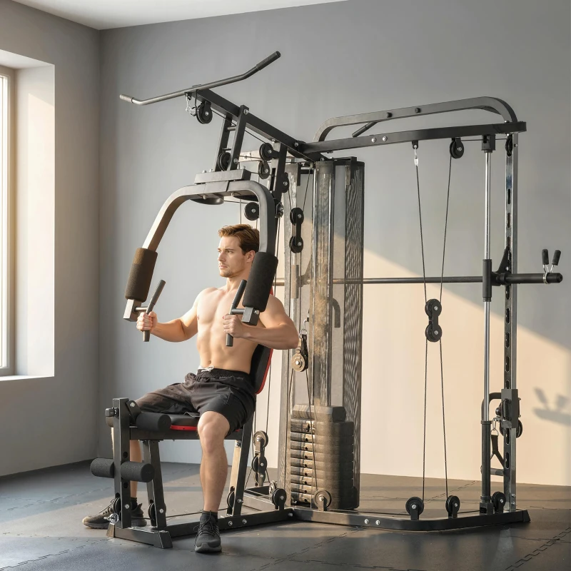 SPORTNOW Kraftstation Fitnessstation mit 65kg Gewichten, Latzug, Butterflystange, verstellbar Preacher Bank, Beintrainer