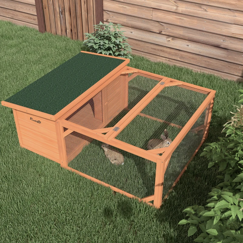 PawHut Clapier d'extérieur, cage lapin avec enclos, toit en asphalte, cadre en bois, 125,5 x 100 x 49 cm, orange