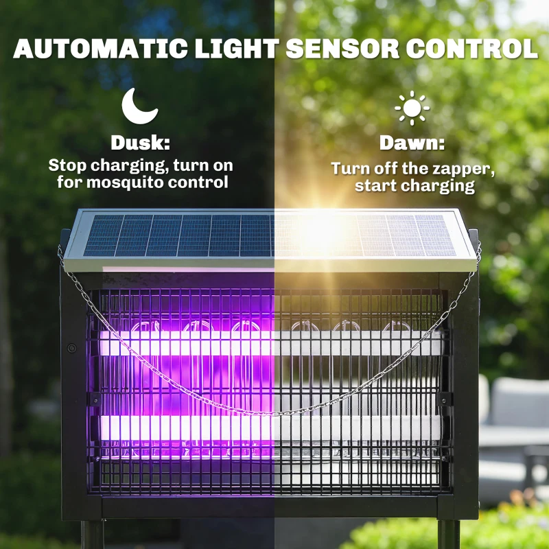 Outsunny Solar Bug Zapper Outdoor, 3500 V Electric Mosquito Fly Zapper with 4.3 m Cord, Dusk-to-Dawn Control, Black