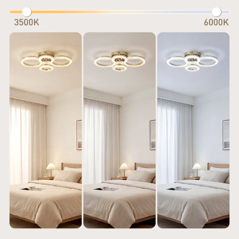HOMCOM LED Ceiling Light, Modern Dimmable 4 Rings Ceiling Lamp with Wall Switch, 40W 4350lm Flush Mount Ceiling Light with 3500K/4500K/6000K Colour Temperatures for Living Room, Bedroom, Gold Tone