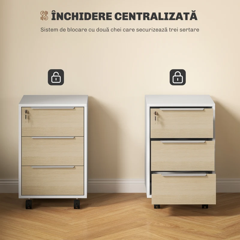 HOMCOM Dulap de Birou cu 3 Sertare, 4 Roți, Comodă de Birou cu Sistem de Blocare și 2 Chei, Alb și Stejar