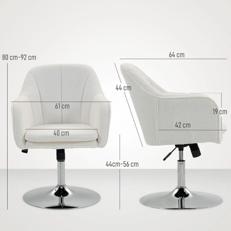 HOMCOM Fauteuil de salon, chaise pivotant à hauteur réglable, fonction de bascule, coussin rembourré, 61 x 64 x 80-92 cm, blanc