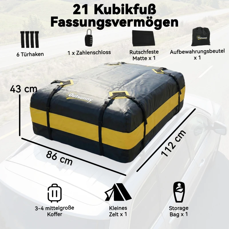 Outsunny Waterdichte dakkoffer auto 425L voor voertuigdaken met/zonder dakdrager bagagebox met 8 versterkte riemen deurhaken geel