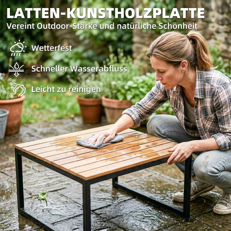 Outsunny Gartenmöbel Set L-Form Metall Sitzgruppe für 4 Personen Gartenlounge mit 2er Sofa Kissen 2 stapelbar Beistelltisch Teak