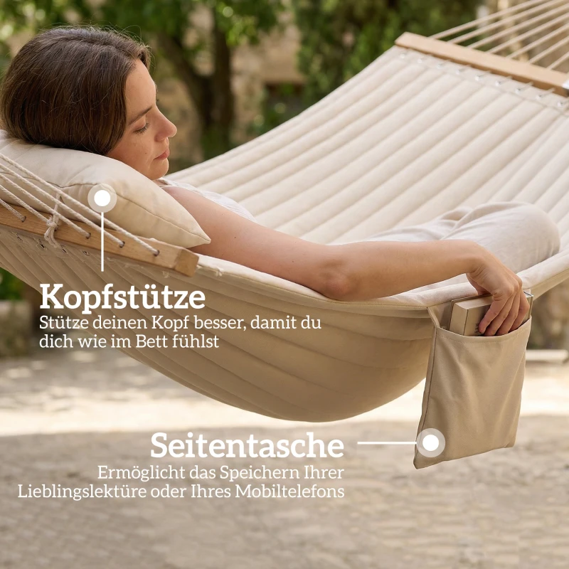 Outsunny Hängematte Outdoor 200x140cm, zweilagig Hängematte mit Kopfstütze Magazintasche Holzstäbe bis 200kg