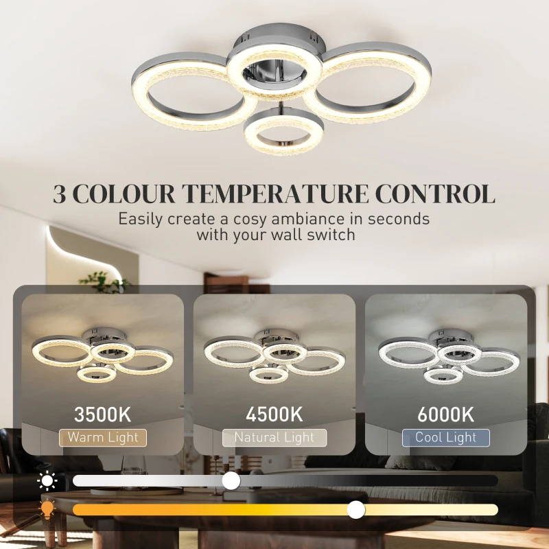 HOMCOM LED Ceiling Light, Modern Dimmable 4 Rings Ceiling Lamp with Wall Switch, 40W 4350lm Flush Mount Ceiling Light with 3500K/4500K/6000K Colour Temperatures for Living Room, Bedroom, Silver Tone