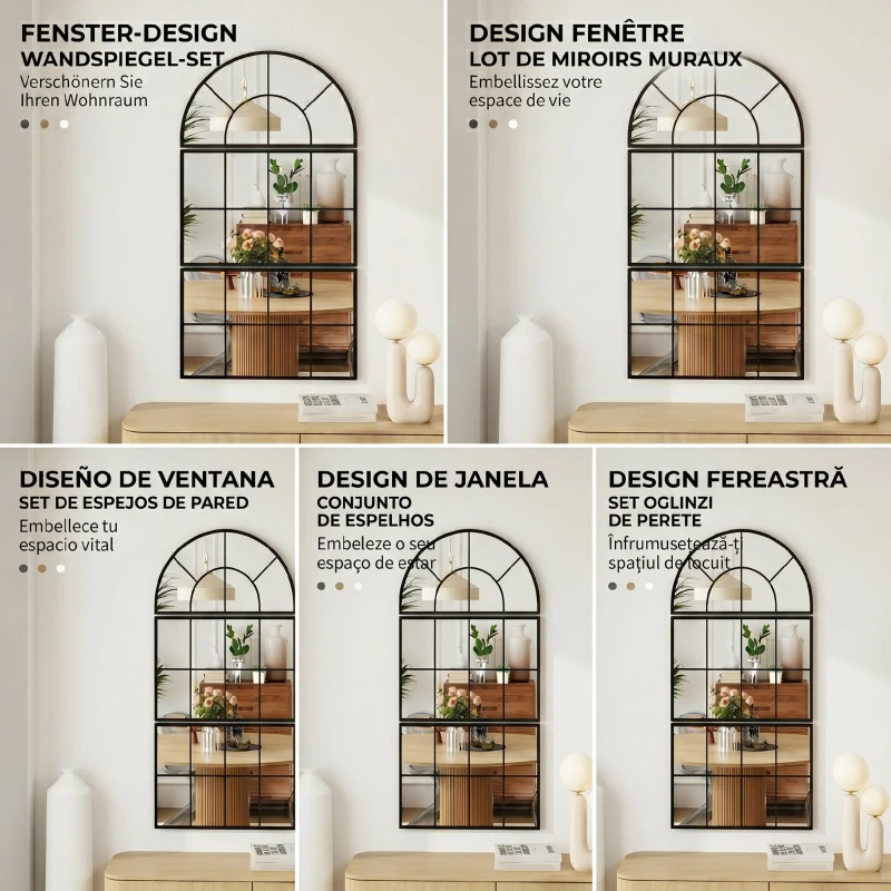 HOMCOM Oglindă de Perete cu Arcadă Stil Fereastră pentru Dormitor și Hol, 76x43 cm, Negru