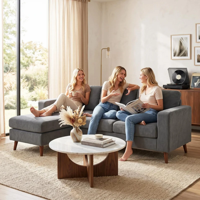 HOMCOM Canapé d'angle 192 cm en L 3 places avec chaise longue réversible, aspect velours côtelé, pour petits espaces, gris foncé