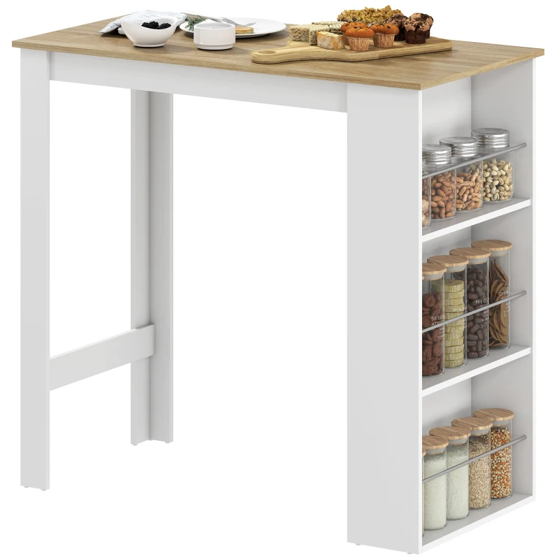 HOMCOM Tavolo da Bar con 3 Mensole e Barre Protettive, in Acciaio e Truciolato, 112x57x106 cm, Bianco