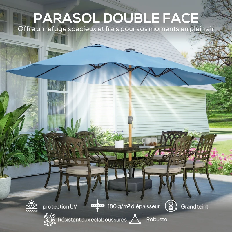 Outsunny Parasol de jardin double 5 x 3 m parasol de jardin extérieur avec base incluse, manivelle, protection UV, bleu