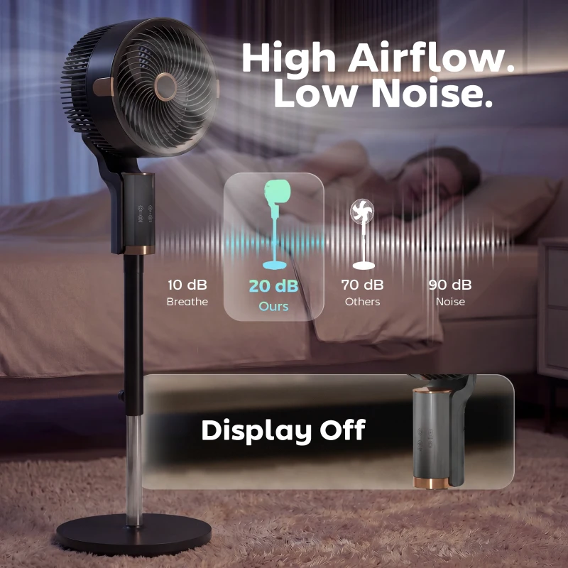 HOMCOM 20 dB Silent Standing Fan for Bedroom, 44" Pedestal Fan with 90° Oscillating, 8 Speeds and LED Light, Black