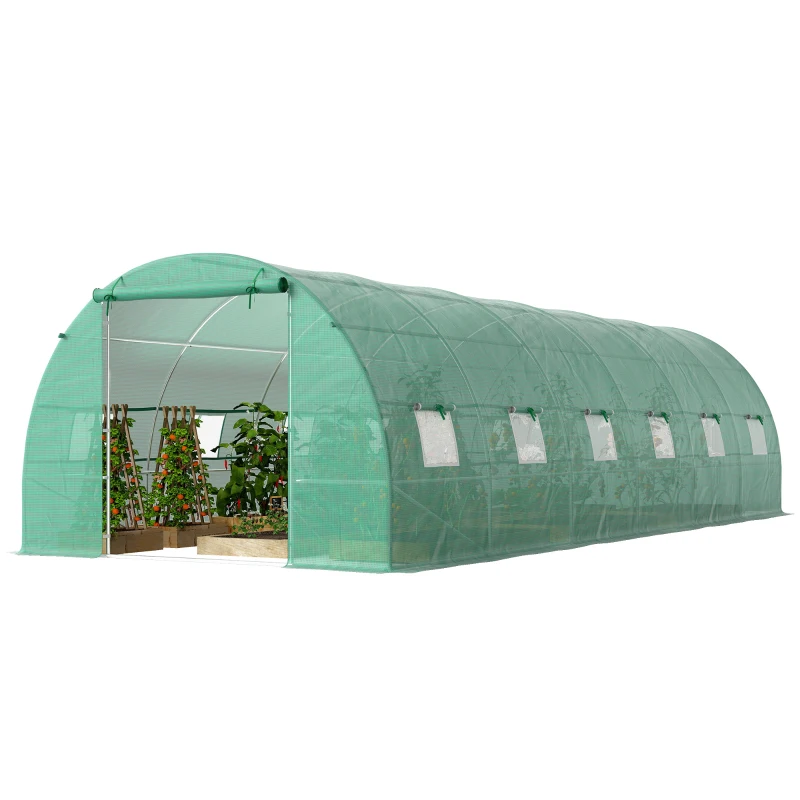 Outsunny Gewächshaus 800x300x200cm Foliengewächshaus Tomatenhaus mit Tür, 12 Fenster, Folientunnel aus verzinktem Stahl, PE, stabiles Treibhaus Pflanztunnel, inkl. Erdanker & Seilen, Grün