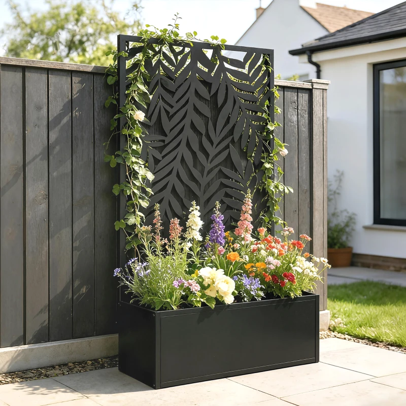 Outsunny Blumenkasten mit Sichtschutz Pflanzkasten mit Rankgitter tropischen Blattmotiven 61 x 23 x 113 cm Schwarz