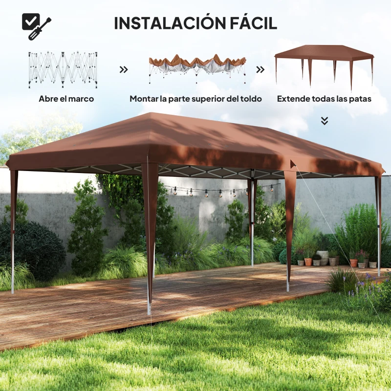 Outsunny Carpa Plegable 6x3 m con Altura Ajustable en 3 Niveles Bolsa de Transporte Anti-UV y Marco de Acero Café