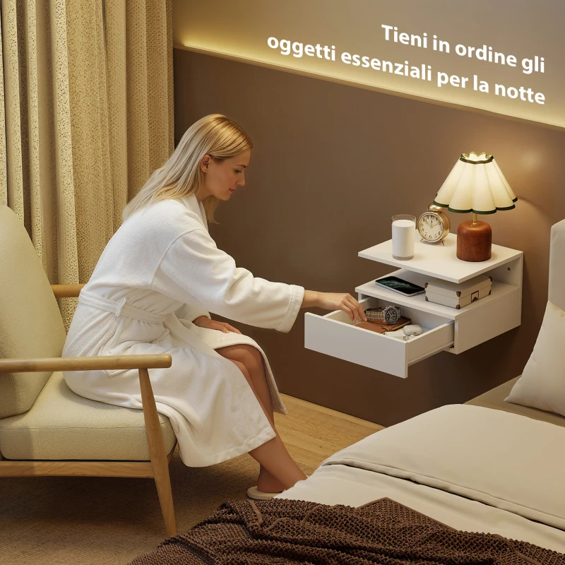 HOMCOM Set di 2 Comodini Sospesi con Cassetto e Mensola Aperta, 35x32x22.5 cm, Bianco