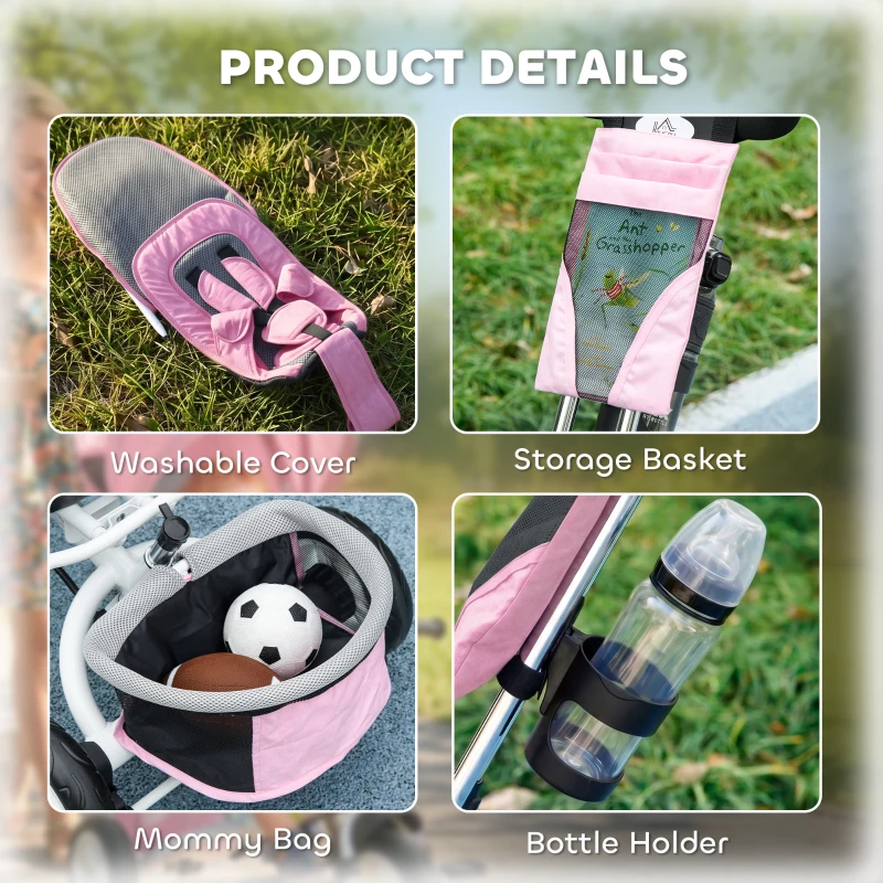 HOMCOM Triciclu pentru Copii 1-5 Ani cu Mâner Reglabil, Acoperiș Ajustabil, 102x49x102 cm, Alb și Roz