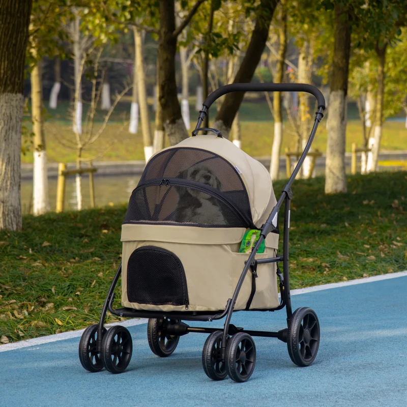 PawHut Poussette pour chien 2 en 1 pliante nacelle amovible coussin laisse de sécurité tissu 600D Oxford 81 x 68 x 98,5 cm kaki