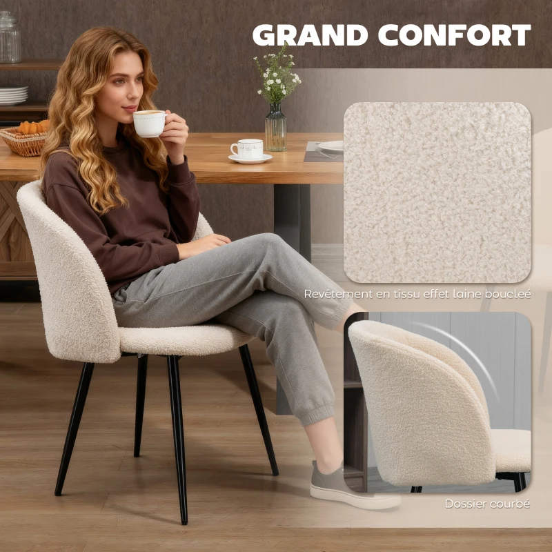 HOMCOM Lot de 2 chaises de salle à manger avec dossier en tissu effet laine boucleé pieds en acier 55 x 62 x 80 cm beige noir