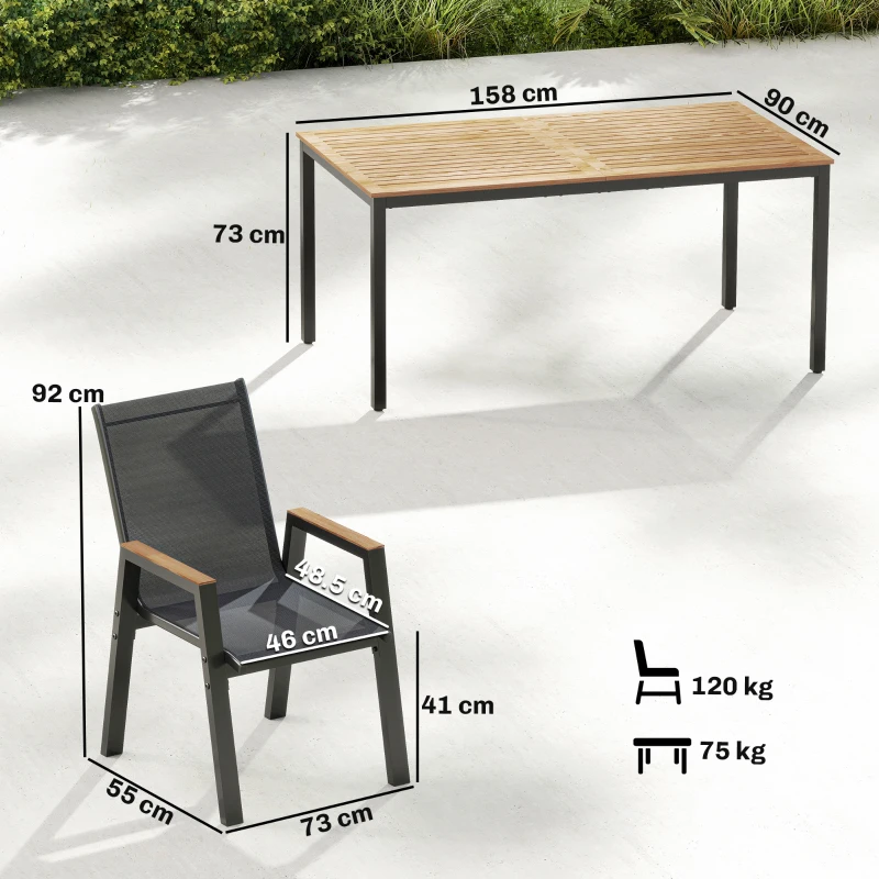Outsunny Conjunto de Mesa y Sillas Jardín con Mesa con Tablero de Listones y 6 Sillas Transpirables para Terraza Patio Negro