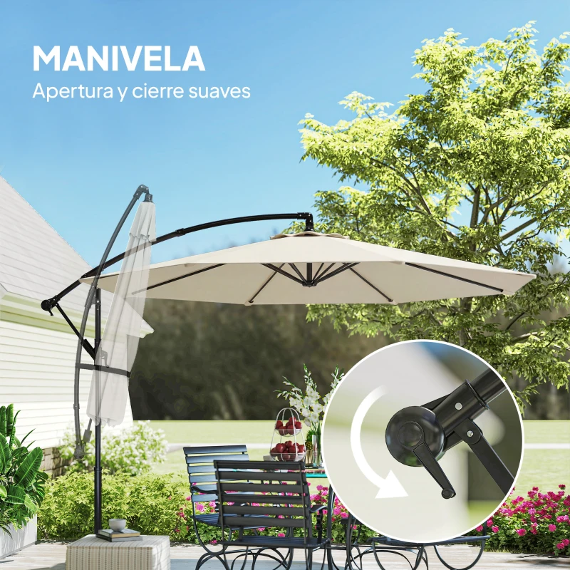 Outsunny Parasol Excéntrico Ø300 cm con Base Cruzada Toldo Ajustable y Manivela UPF30+ para Terraza Patio Blanco Crema