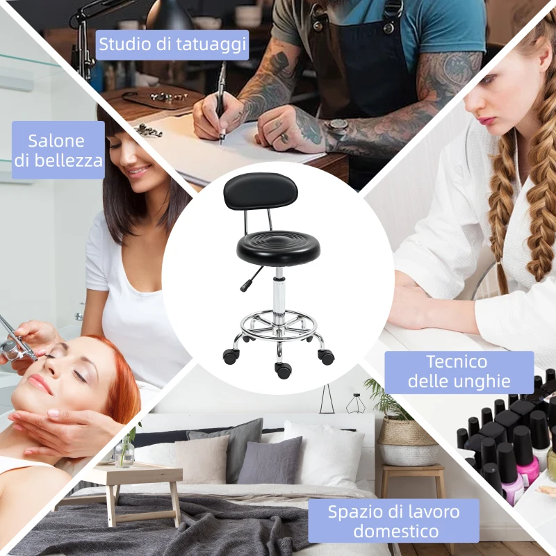 HOMCOM Sgabello Regolabile Girevole a 360° con Schienale, Ruote e Poggiapiedi, in Acciaio, Finta pelle e Schiuma, Nero